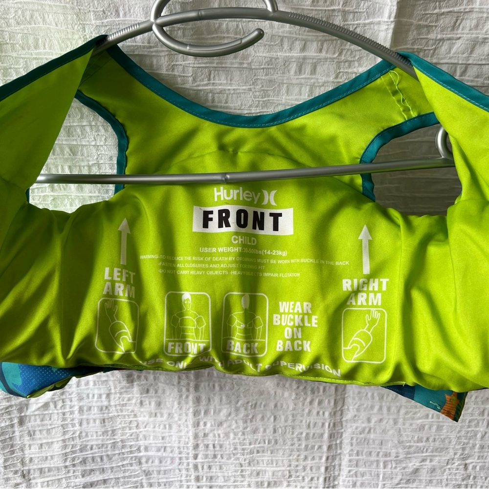 Kids Swim Vest Float Jacket Toddler 20-50 lbs Hurley Green Water Safety Swim Aid - Picture 5 of 11